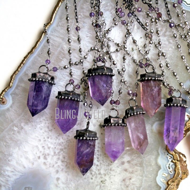 Strands Strings NM40569 Amethyst Tower Purple Obelisk Talisman Wicca Witch Goth Necklace Crystal Point Layering Halloween Jewelry 230707