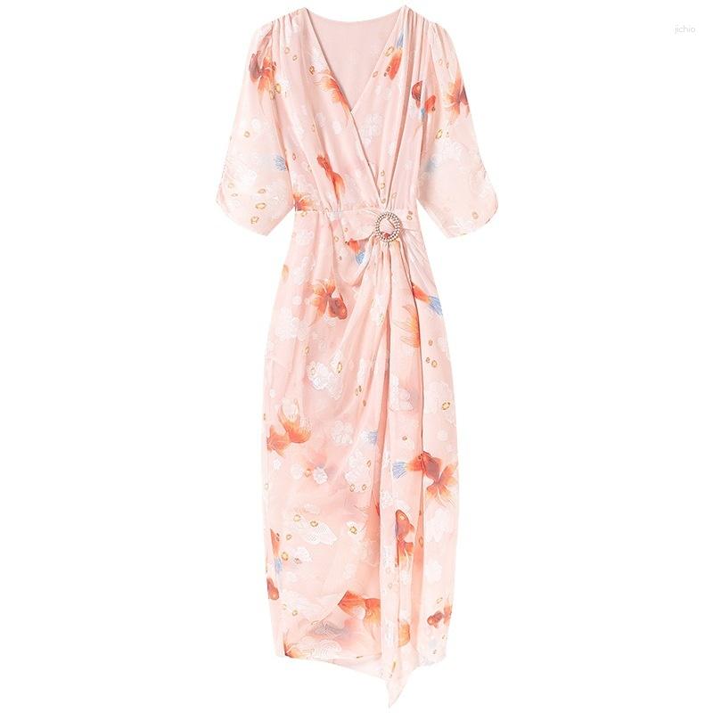 Casual Dresses 2024 Womens Dress French Floral Chiffon Summer Style V-neck Pink Waist Printed Long Skirt Pleated Fashion Slim Vestidos