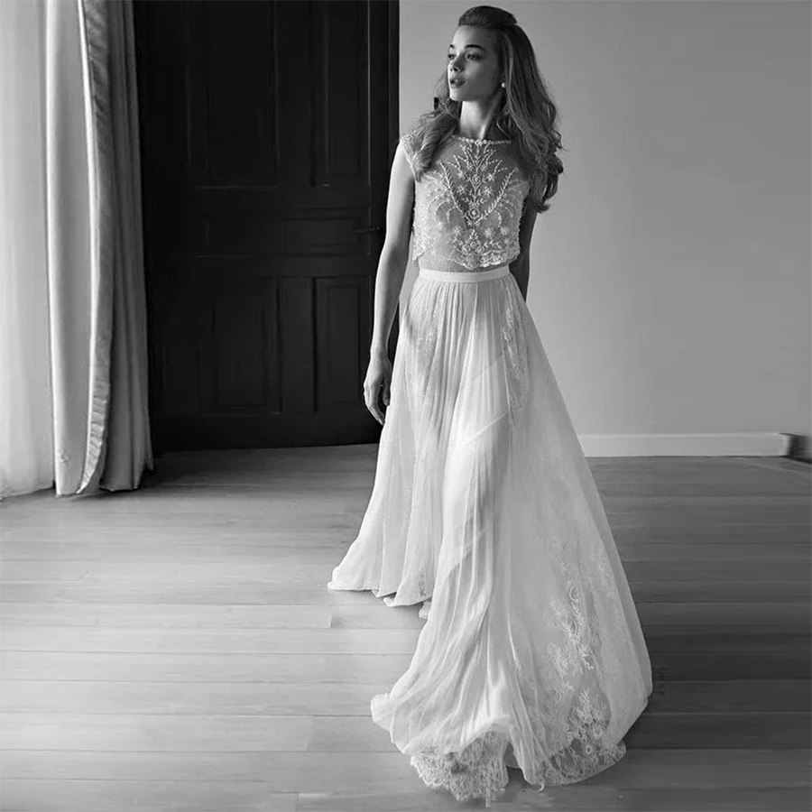 Beach Boho Wedding Gowns Two Piece Sweetheart Sleeveless Low Back Pearls Beading Sequins Lace Chiffon Bohemian Wedding Bridai Dresses, White
Beach Boho Wedding Gowns Two Piece Sweetheart Sleeveless Low Back Pearls Beading Sequins Lace Chiffon Bohemian Wedding Bridai Dresses, White