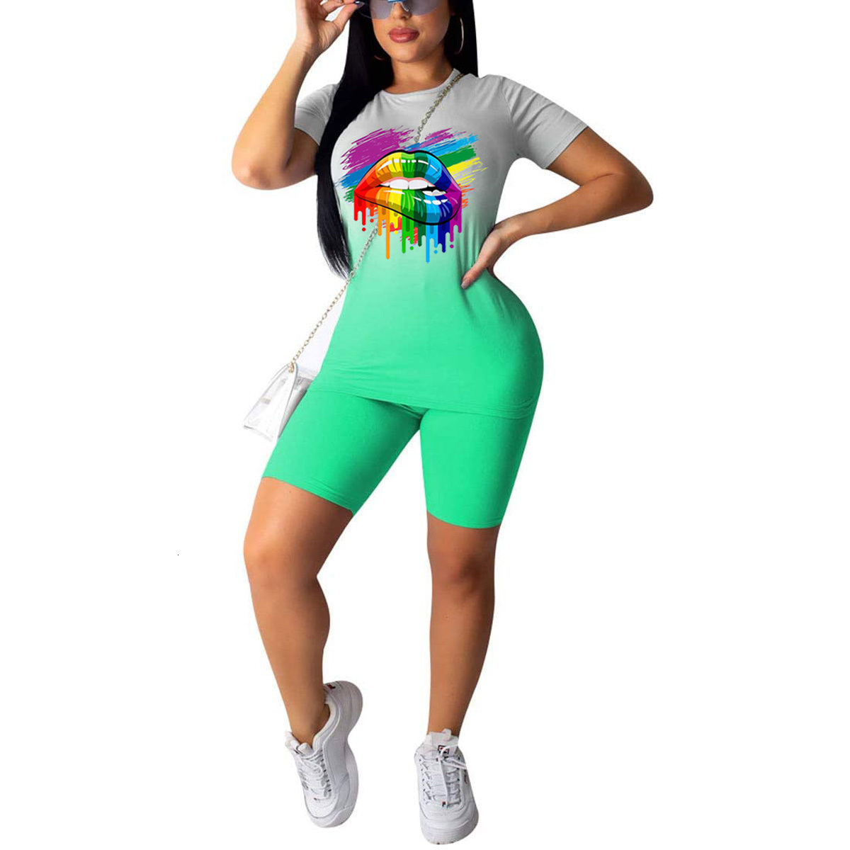 Women's Two Piece Pants Summer Gradient Sports Suits Women Sets Casual Lips Print Short Sleeve TopsShorts Female 2Pcs/Sets Tracksuits Workout Clo