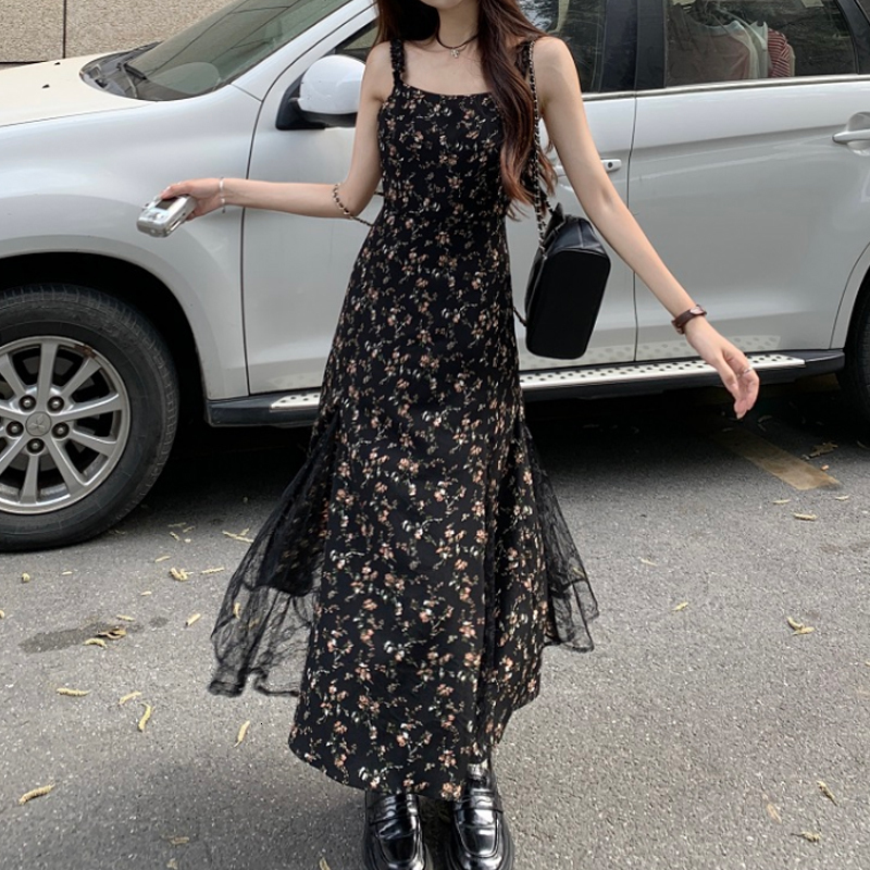 Urban Sexy Dresses Vintage Y2k Black Floral Dress Women Korean Style Mesh Irregular Spliced Hollow Lace Long Dress Summer Chiffon Fairy Dress 27729 23