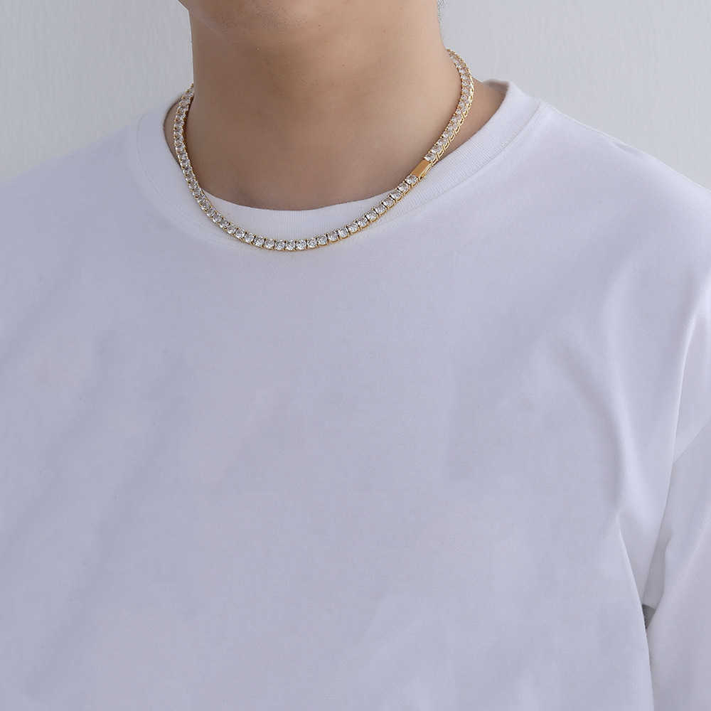 3mm 4mm 5mm Hip Hop Cubic Zircon Single Row Necklace Smooth Spring Buckle Tennis Chains White Gold Bling Cz stone Chain Wolf Tide Rapper Jewelry Bijou