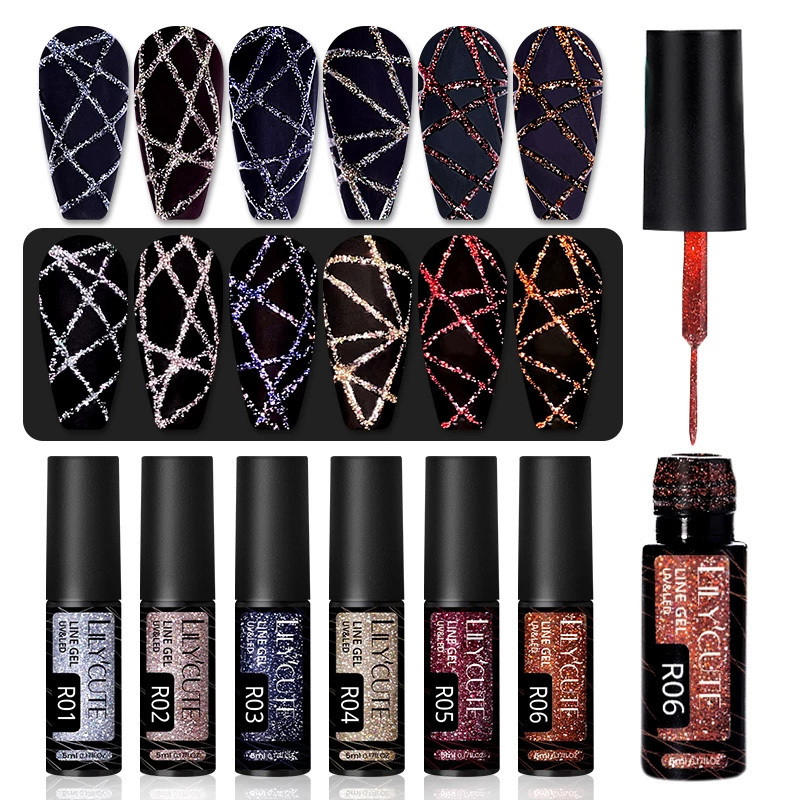 Nail Polish LILYCUTE 5ml Reflective Glitter Line Gel Nail Polish 14 Colors For UVLED Paint Nails Drawing Polish DIY Painting Varnishes 230706