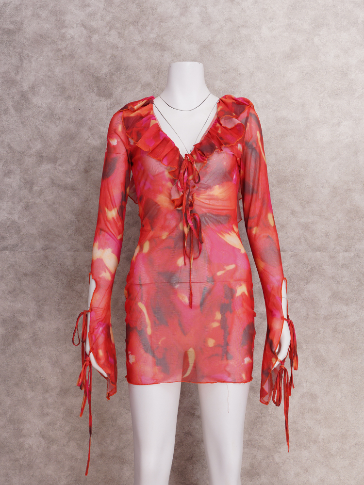 Urban Sexy Dresses Fashion Y2K Style Tie Dye Sexy Deep V Neck Ruffle Mini Dress Summer Women Outfits Dresses With Long Sleeves Vestidos A2565 230706
