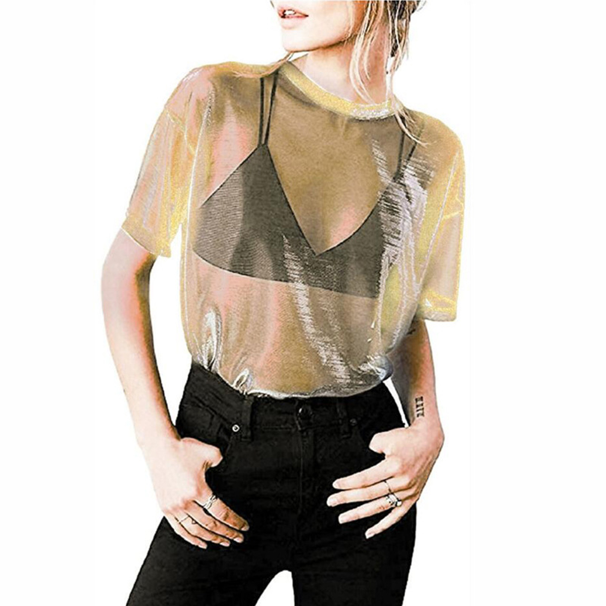 Designer Fashion Girls Transparent Round Neck Short Sleeve See Through Women T-shirt