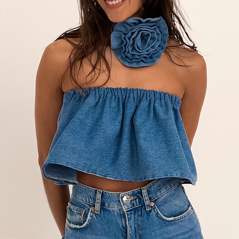 Women's Tanks Camis Echoine Elastic Strapless Crop Top Tube Women Party Club Denim Jeans Tops with Follower Summer Y2K Fashion Streetwear 230706