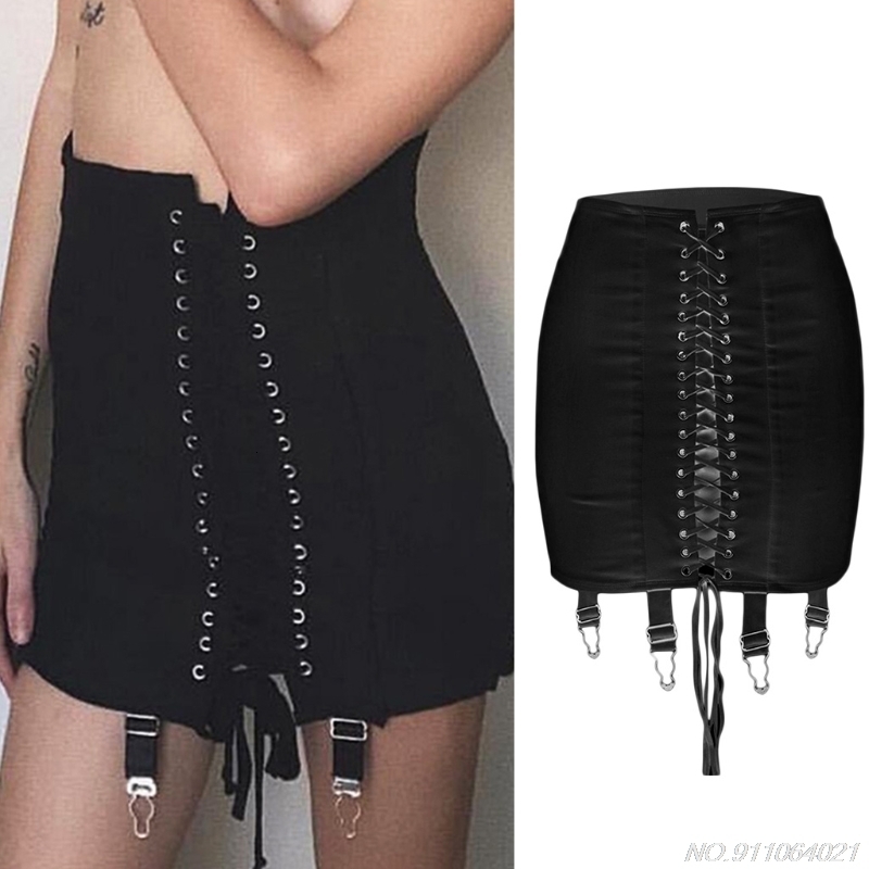 Skirts Women High Waist Criss-Cross Lace-Up Front Bodycon Mini Pencil Skirt with Garter Belt Harajuku Solid Pleated Package Wholesales 230707