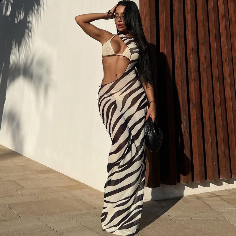 Urban Sexy Dresses Zebra Print Long Beach Dress Cover-Ups Sexy Transparent Mesh Maxi Dress Striped Cut Out Bodycon Vacation Summer Dress Women 230706