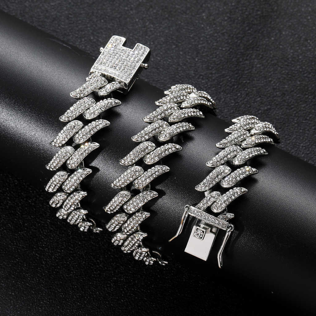 Gzw Jewelry Men's Cuban Link chain Necklace Hip Hop Thorn Cube 19mm Rhinestone Bling Spiked Cz Stone Crystal 18K Gold Iced Out Curb Chains Colar 