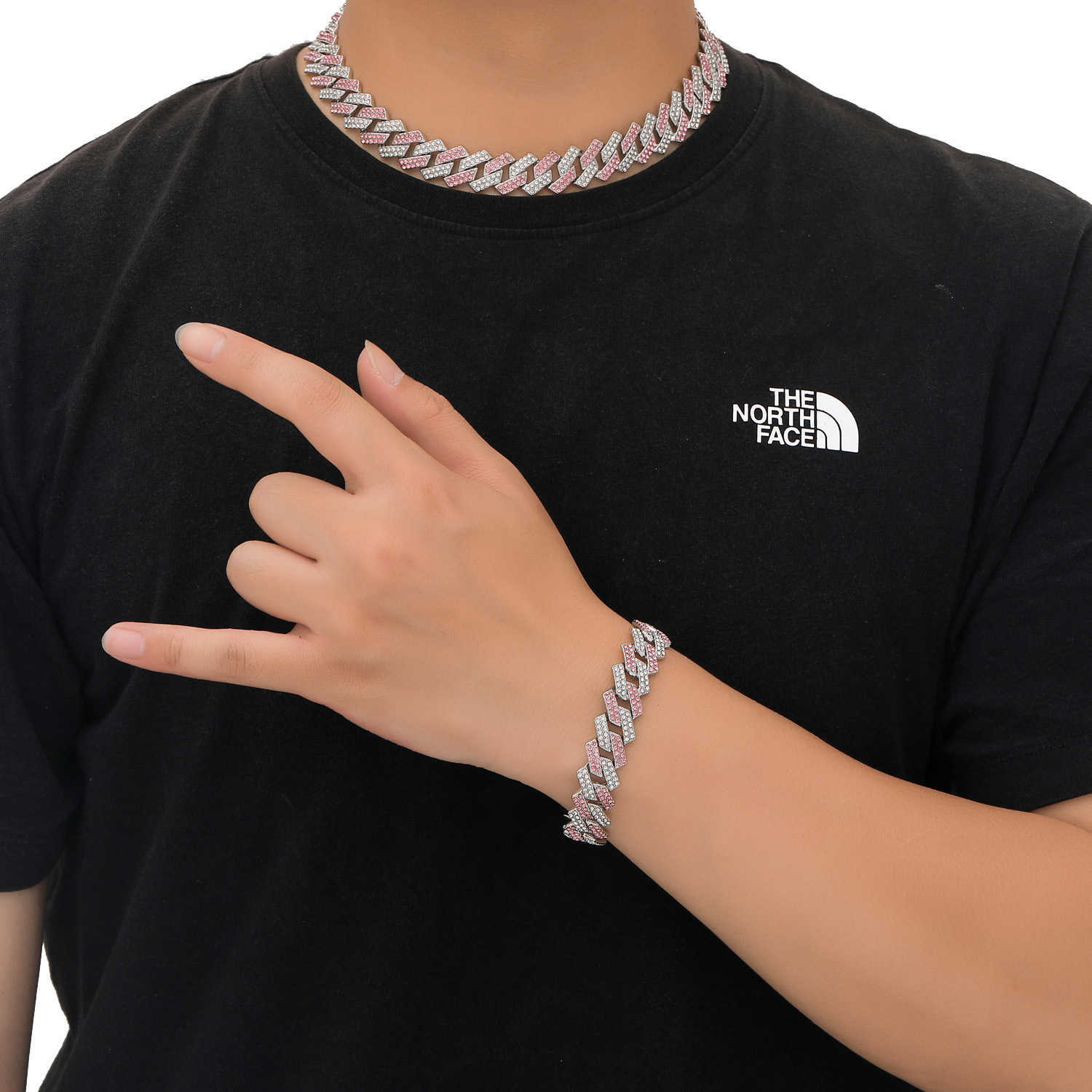 14mm Diamond Cuban Link Chain Bracelet / Necklace Popular Wolf Tide Jewelry Men's Pink Rhinestone Full Hip Hop 18K Gold Plated Bling Miami Curb C