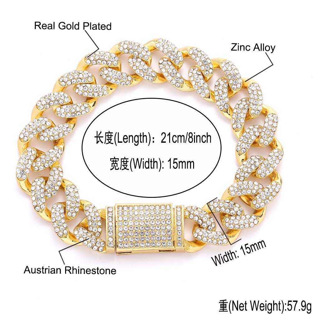 New in Hip Hop 15mm Three Row Diamond Cuban Chain Necklace Full Personality Trendsetter Men's Collar Rose Gold Iced Rhinestone Curb Chains Collie