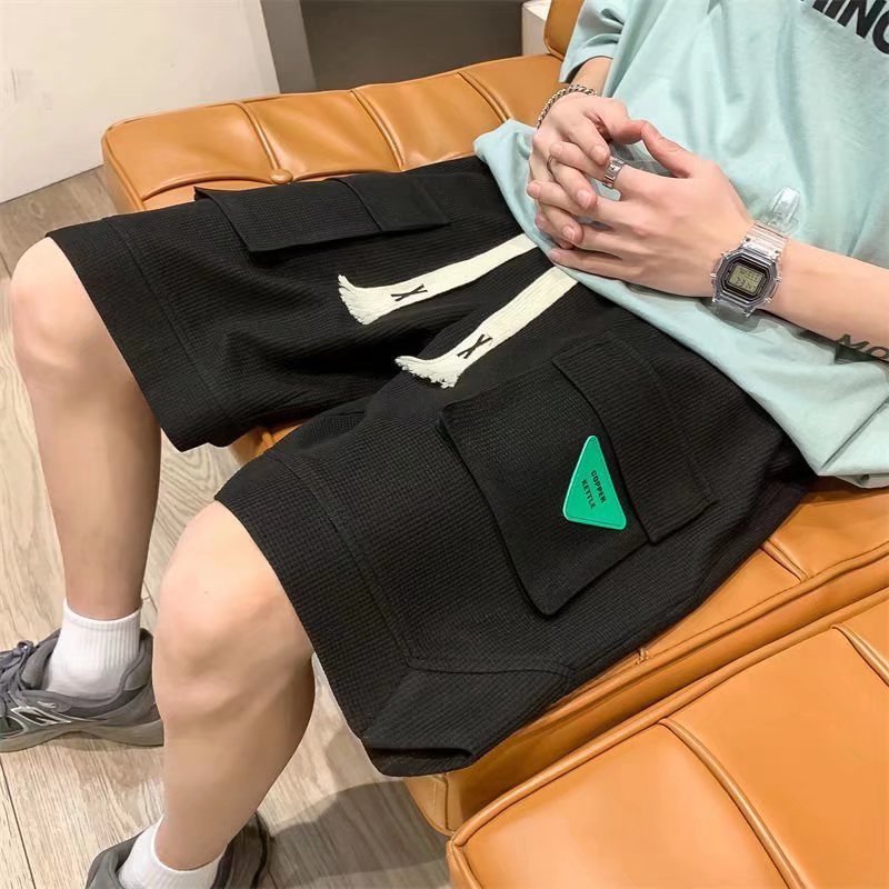 Men's Shorts Summer Waffle Men's Cargo Shorts Summer Multi-pocket Drawstring Short Pants Casual Solid Color Elastic Waist Shorts for Men 230