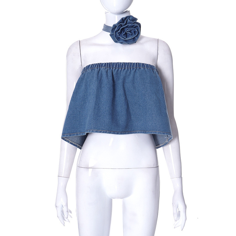 Women's Tanks Camis Echoine Elastic Strapless Crop Top Tube Women Party Club Denim Jeans Tops with Follower Summer Y2K Fashion Streetwear 230706