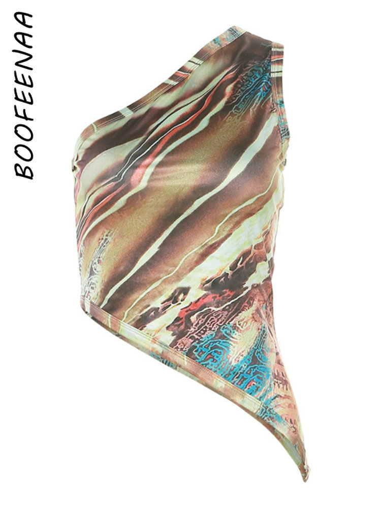 Women's Tanks Camis BOOFEENAA Abstract Print Tank Tops Y2k Tees Summer Clothing for Women Trendy Sexy Asymmetric One Shoulder Crop Top C83-AF11 2