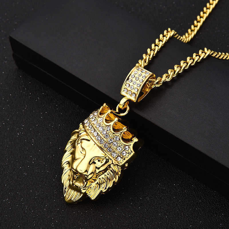 18k Real Gold Diamond Lion With Crown Head Hip Hop Pendant Necklace Hiphop Yellow Iced Out 5A Cubic Zirconia Gemstone Wolf Tide Jewelry Gifts For Men 