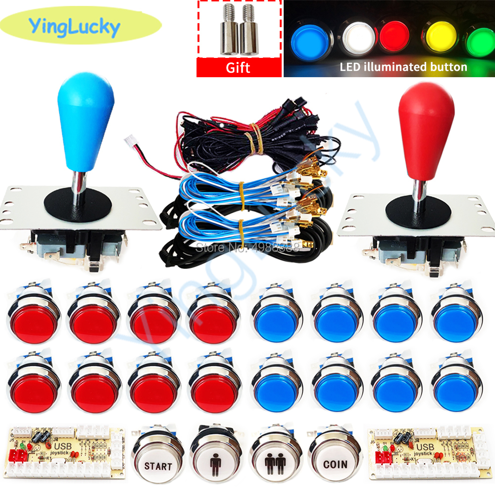 Game Controllers Joysticks DIY Joysticks Arcade Kit 2 Players USB Encoder with SANWA Joystick LED Silver-plated Button for PC to Raspberry Pi MAME 230
