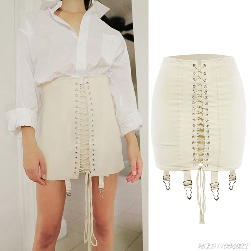 Skirts Women High Waist Criss-Cross Lace-Up Front Bodycon Mini Pencil Skirt with Garter Belt Harajuku Solid Pleated Package Wholesales 230707