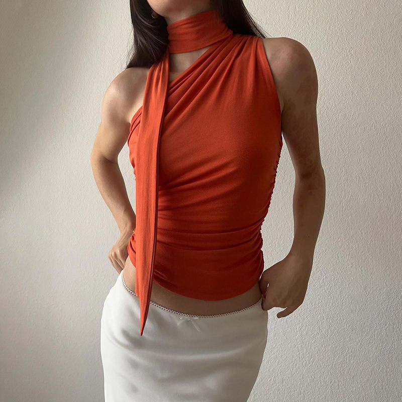 Women's Tanks Camis Cryptographic Irregular Halter Ribbon Sexy Backless Crop Tops for Women Summer Club Party Ruched Tank Top Y2K Sleeveless Eleg