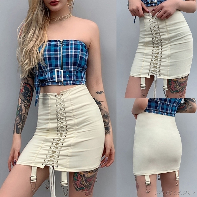 Skirts Women High Waist Criss-Cross Lace-Up Front Bodycon Mini Pencil Skirt with Garter Belt Harajuku Solid Pleated Package Wholesales 230707