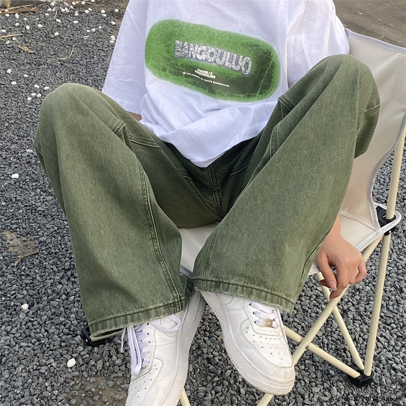 Mens Jeans Spring Green Baggy Distressed Vintage Denim Trousers Male Wide Leg Pants Men Streetwear Retro Oversize Casual Hip Hop 230706