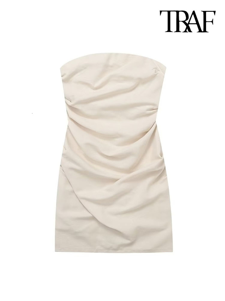 Urban Sexy Dresses TRAF Women Fashion Strapless Pleated Linen Mini Dress Sexy Exposed Shoulders Back Zipper Female Dresses Vestidos Mujer 230706