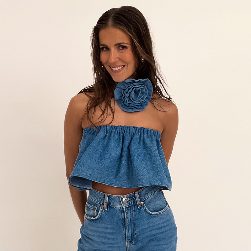Women's Tanks Camis Echoine Elastic Strapless Crop Top Tube Women Party Club Denim Jeans Tops with Follower Summer Y2K Fashion Streetwear 230706