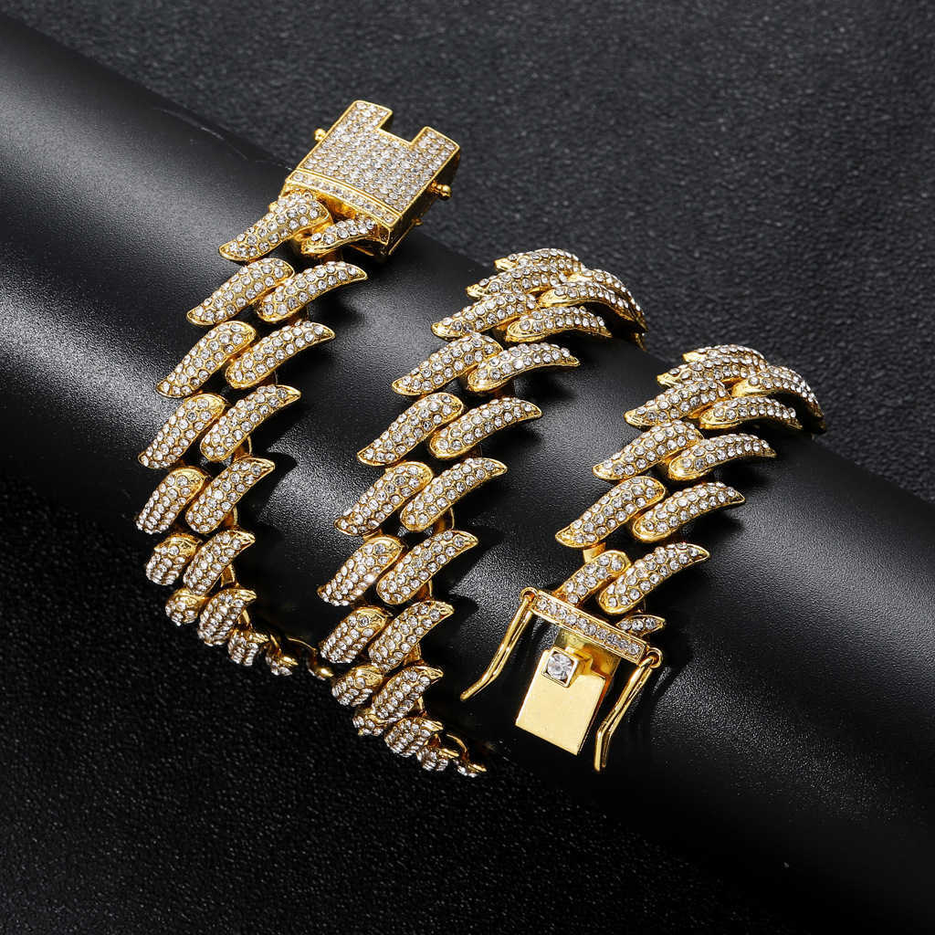 Gzw Jewelry Men's Cuban Link chain Necklace Hip Hop Thorn Cube 19mm Rhinestone Bling Spiked Cz Stone Crystal 18K Gold Iced Out Curb Chains Colar 