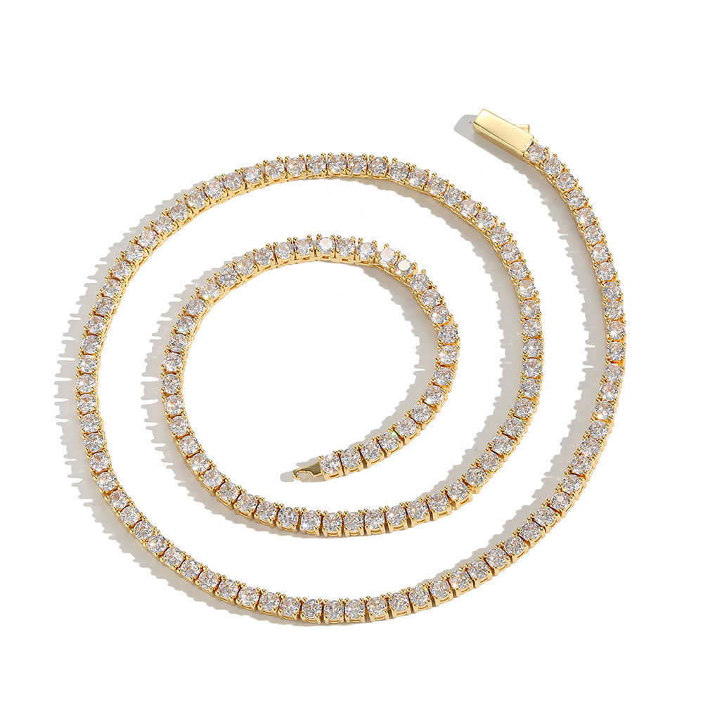 3mm 4mm 5mm Hip Hop Cubic Zircon Single Row Necklace Smooth Spring Buckle Tennis Chains White Gold Bling Cz stone Chain Wolf Tide Rapper Jewelry Bijou