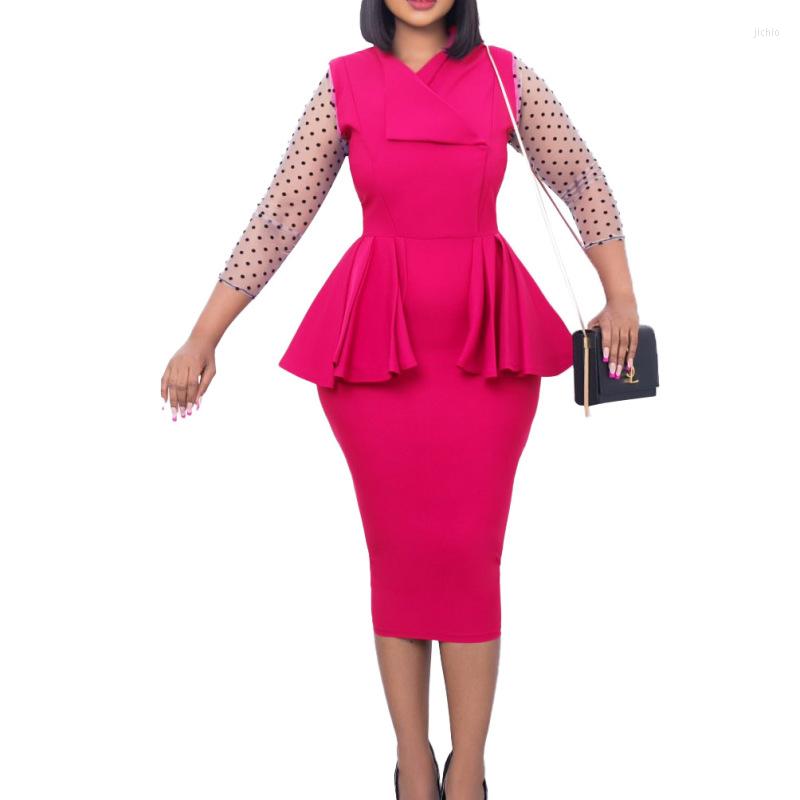 Casual Dresses 2024 Temperament Tongle Regular Sleeve Mesh Splice V-neck Ruffle Pencil Skirt Zipper Style Urban Elegant