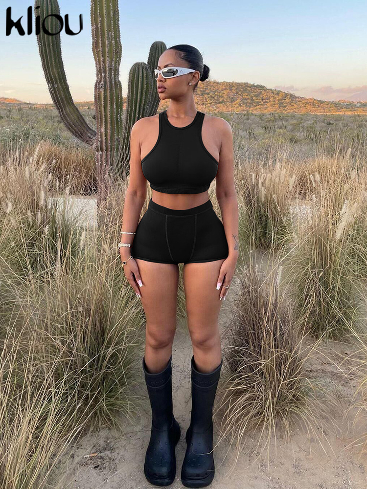 Women's Two Piece Pants Kliou Casual Sporty Style Two Piece Set Women Solid Off Shoulder Skinny Croped VestsHigh Elastic Waist Shorts Female Acti