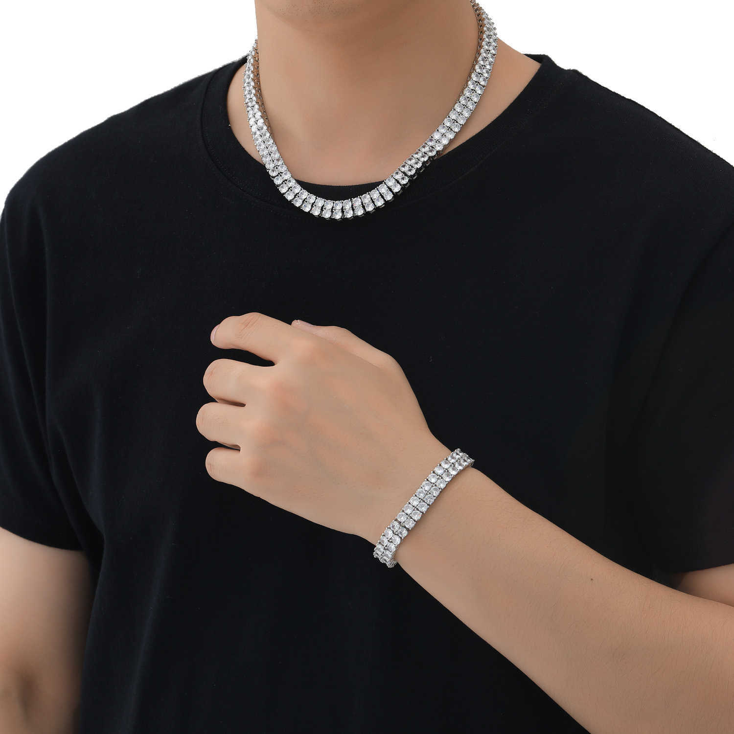 Gzw Jewelry Ins Fashion Brand Hip Hop Necklace Men's 5mm Double Row Full Diamond Zircon Spring Buckle Collar Chain Tennis