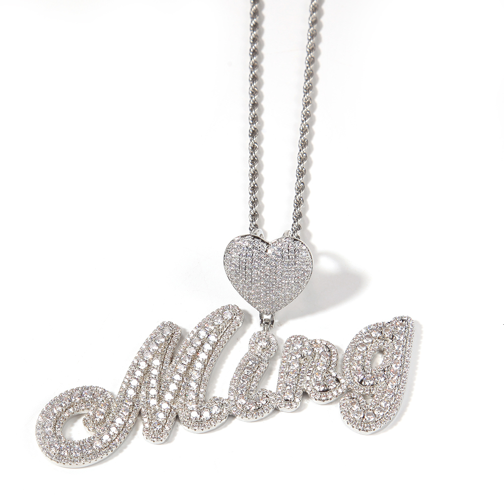 Charms THE BLING KING Heart Bail Custom Brush Script Bubble Letter Two Tone Pendant Micro Paved CZ Personalized Necklace Hiphop Jewelry 230706