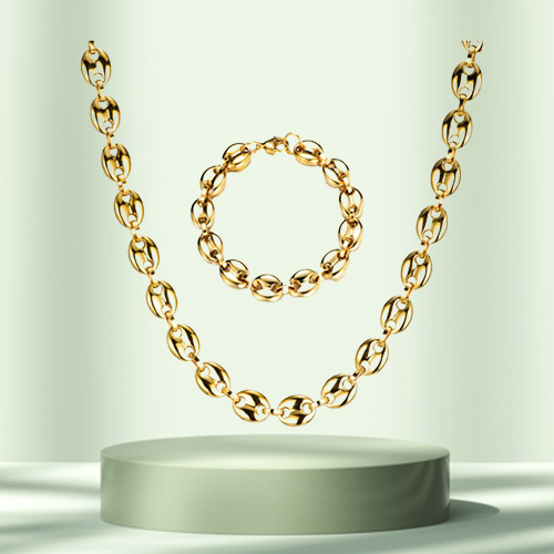 Men039s Necklaces Coffee Beans Chain Bracelets Set Stainless Steel 11CM Gold Silver Link Chains Hiphop Jewelry300l