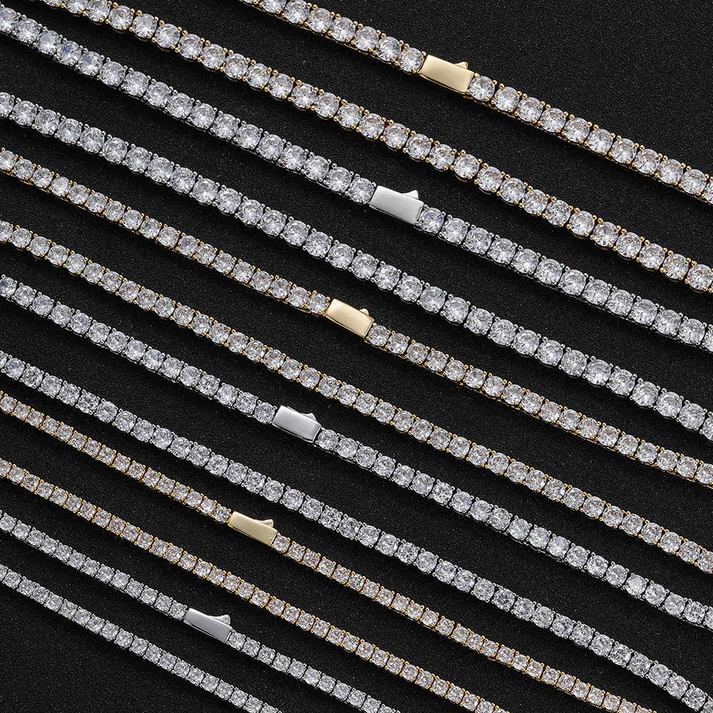 3mm 4mm 5mm Hip Hop Cubic Zircon Single Row Necklace Smooth Spring Buckle Tennis Chains White Gold Bling Cz stone Chain Wolf Tide Rapper Jewelry Bijou