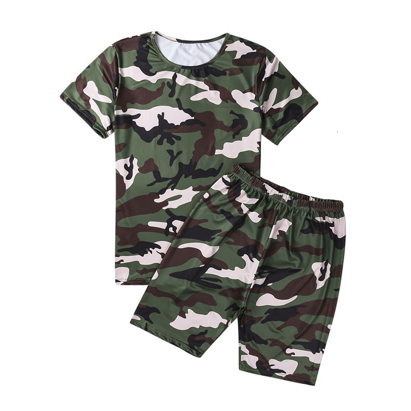 Women's Two Piece Pants Women Casual Two-Piece Clothes Set Camouflage Printed Pattern Short Sleeve Top Shorts Blue Army Green Red Lady Shorts Sui