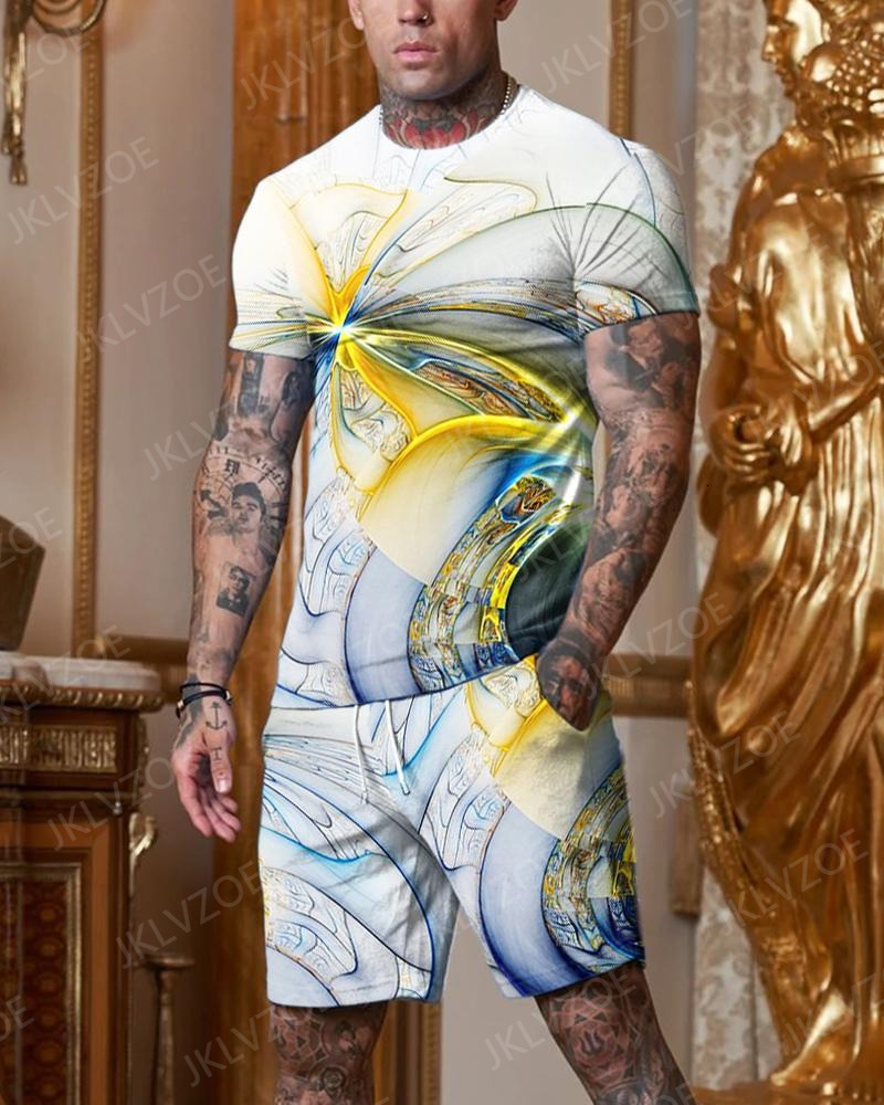 Men's Tracksuits Summer Fashion Men Suit Tshirt Shorts 2 Piece Sets Tracksuit Men's Oversized Clothes Vintage Streetwear Stripes 3D Printe 2