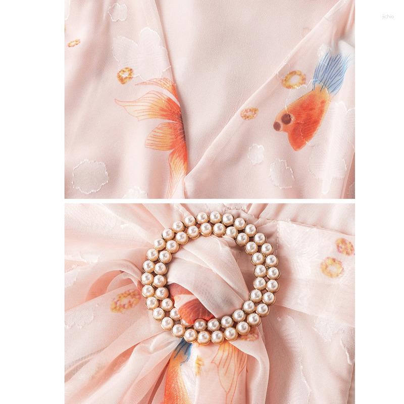Casual Dresses 2024 Womens Dress French Floral Chiffon Summer Style V-neck Pink Waist Printed Long Skirt Pleated Fashion Slim Vestidos
