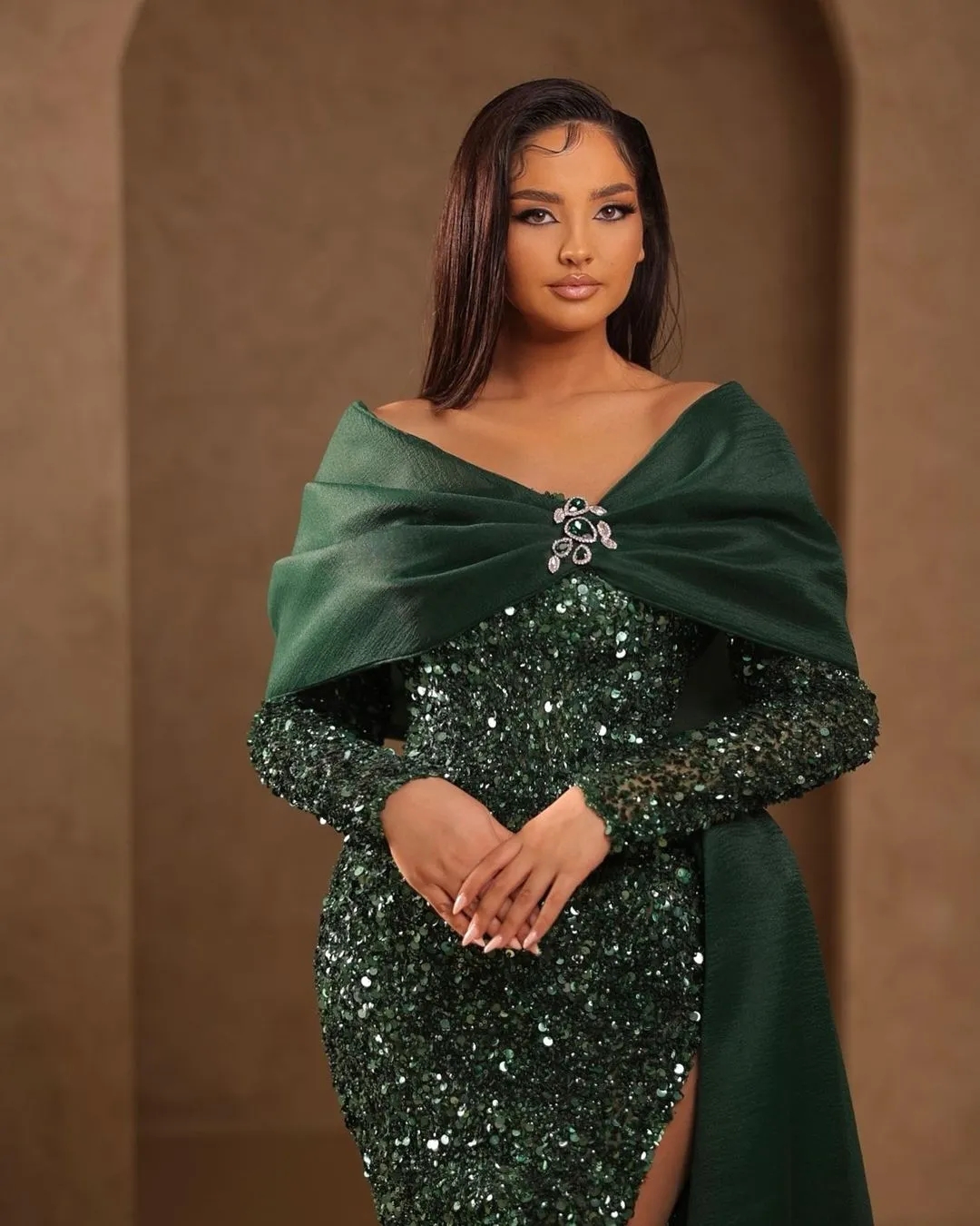 Hunter Green Party Celebrity Side High Split Evening Dresses Sexy Sequined Prom Gown Dubai Arabic Robe De Soiree