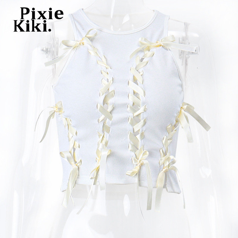 Women's Tanks Camis PixieKiki Y2k Fairy Aesthetic Bow Lace Up Hollow Out Ribbed Crop Tops White Summer Sexy Tank Top for Women Summer P33-BC10 23