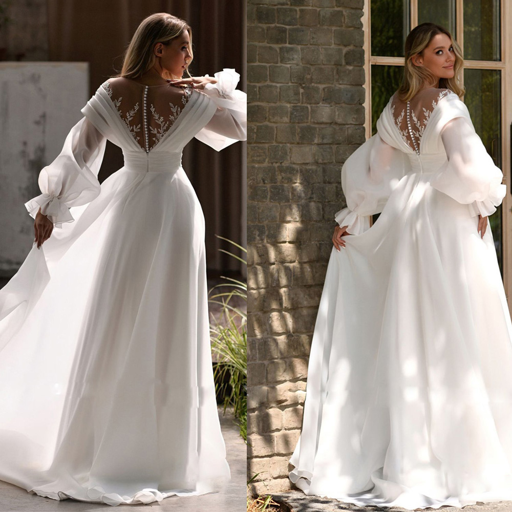 Modern Sheer Neck A Line Wedding Dresses Puffy Sleeve Bead Organza Bridal Gown Button Back Boho robe de mariee