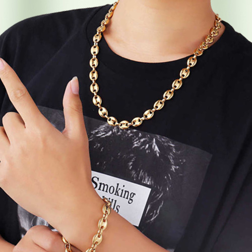 Men039s Necklaces Coffee Beans Chain Bracelets Set Stainless Steel 11CM Gold Silver Link Chains Hiphop Jewelry300l