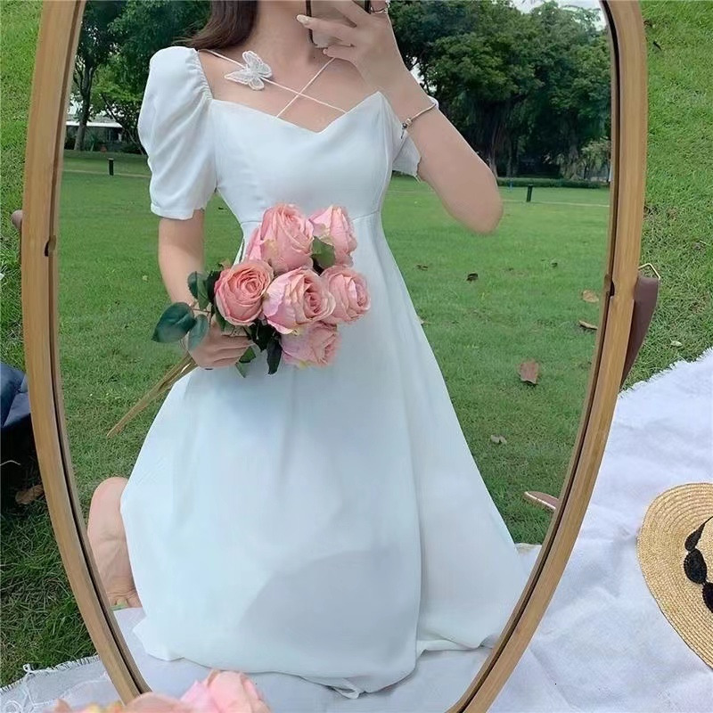Urban Sexy Dresses Summer Square Neck A-line Chiffon White Dress Women Casual Slim Puff Sleeve Dating Dress Fashion Solid Holiday Fairy Dress 27696 23