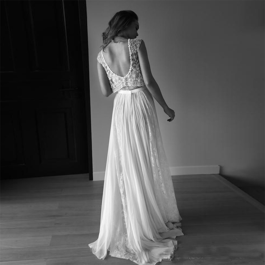 Beach Boho Wedding Gowns Two Piece Sweetheart Sleeveless Low Back Pearls Beading Sequins Lace Chiffon Bohemian Wedding Bridai Dresses