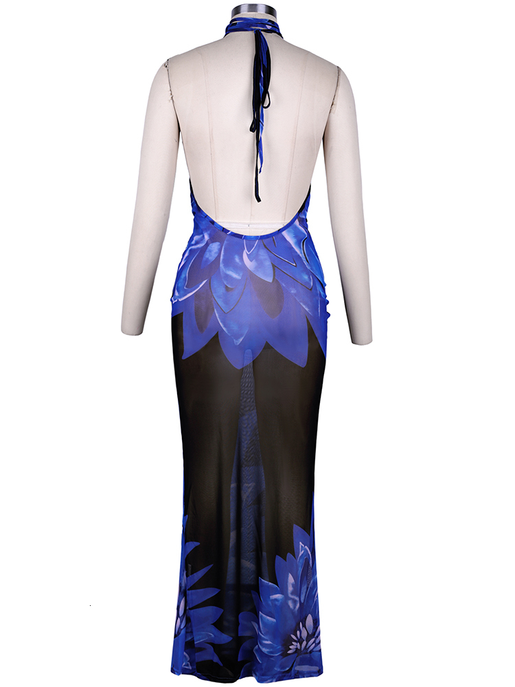 Urban Sexy Dresses Summer Backless Maxi Dress for Women Sexy Mesh Printed See Through Slim Beach Dress Blue Long Club Party Vacation Outfits 230706