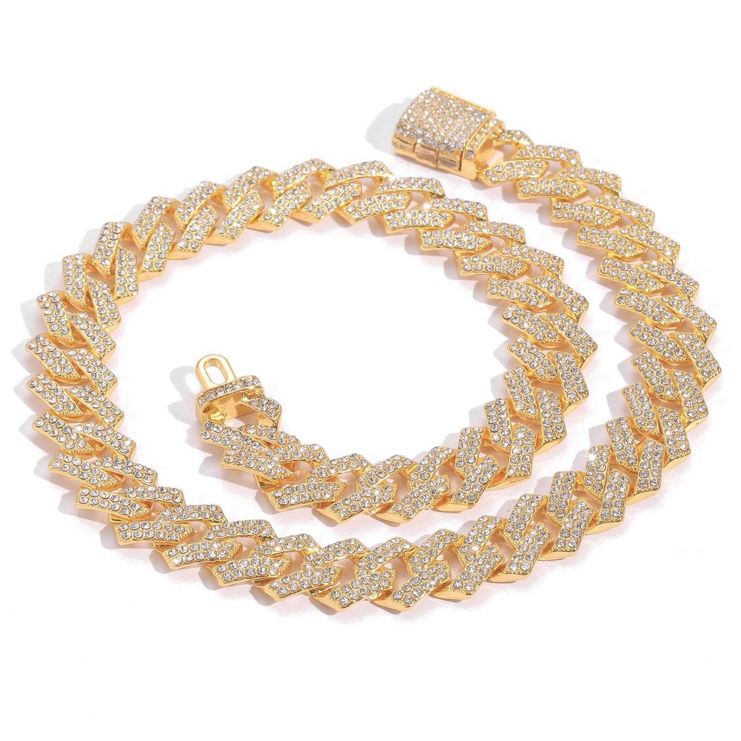 14mm Diamond Cuban Link Chain Bracelet / Necklace Popular Wolf Tide Jewelry Men's Pink Rhinestone Full Hip Hop 18K Gold Plated Bling Miami Curb C