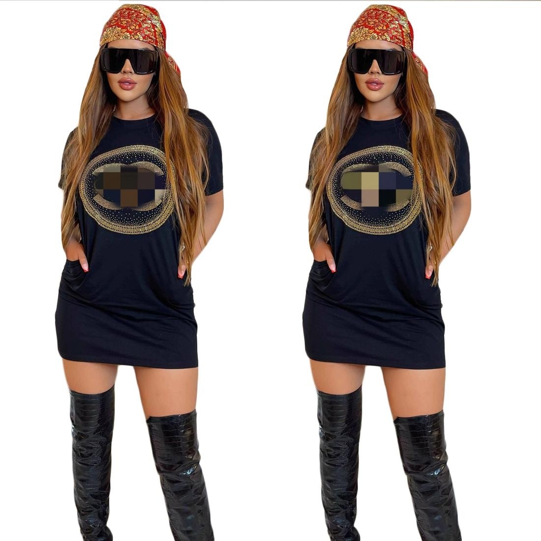 2023 Bling Sequins Black Dresses Women Casual Crew Neck Short Mini Dress Free Ship
