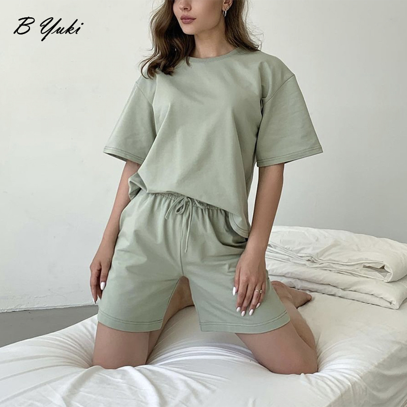 Women's Two Piece Pants Blessyuki Summer 100% Cotton Sets Women Casual Loose Two Pieces Short Sleeve T Shirts and High Waist Short Pants Suits 23