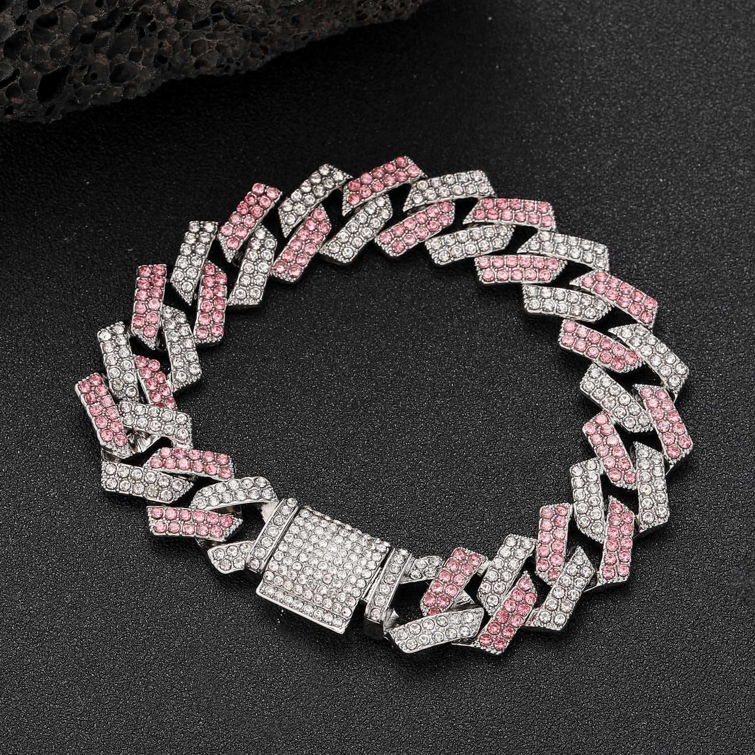 14mm Diamond Cuban Link Chain Bracelet / Necklace Popular Wolf Tide Jewelry Men's Pink Rhinestone Full Hip Hop 18K Gold Plated Bling Miami Curb C