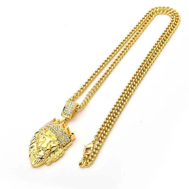 18k Real Gold Diamond Lion With Crown Head Hip Hop Pendant Necklace Hiphop Yellow Iced Out 5A Cubic Zirconia Gemstone Wolf Tide Jewelry Gifts For Men 