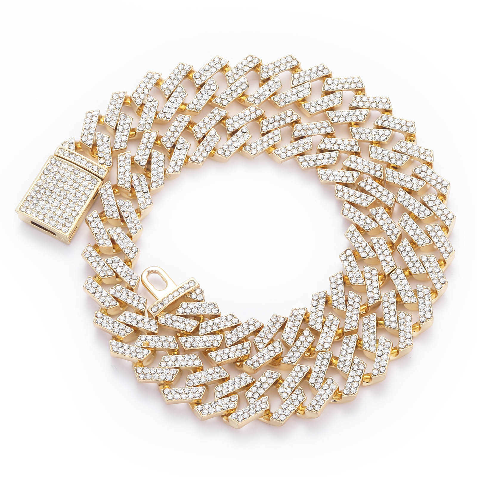 Hip Hop 15mm Diamond Cuban Link Chain Necklace Alloy Men's Cool 18k Gold Crystal Bijoux 18K Plated Iced Out Stone Curb Chains Collar Miami Street